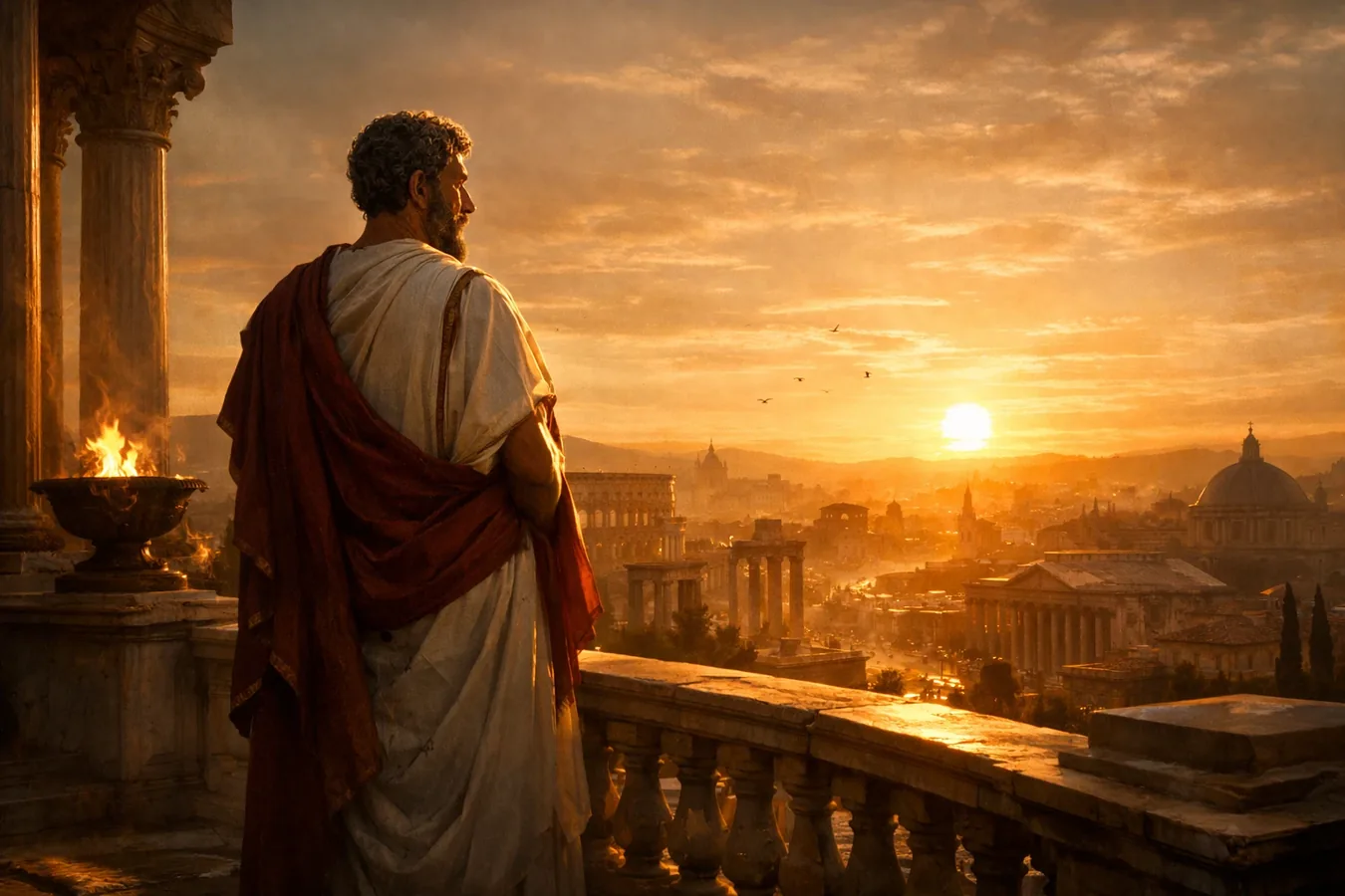 Marcus Aurelius standing on a Roman terrace at dawn – stoic self-discipline and inner strength