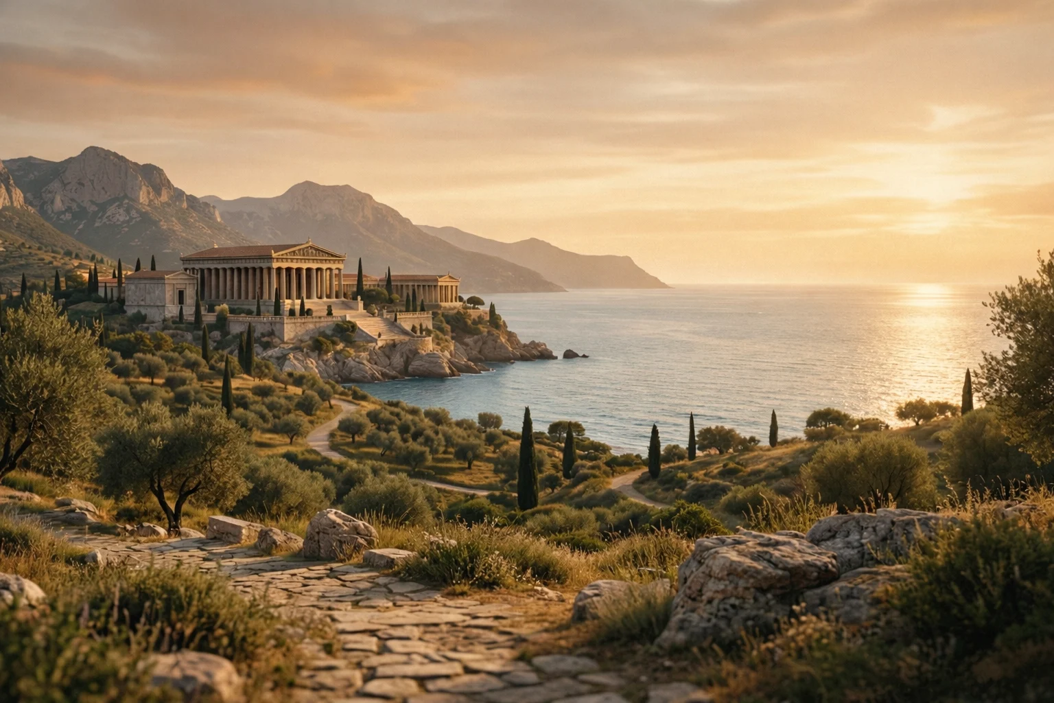 Stoic coastal landscape with temple at sunrise