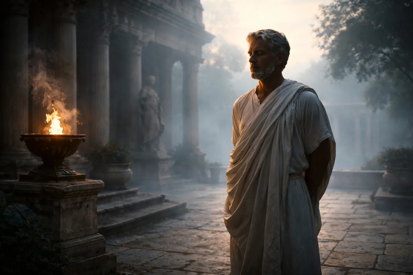 Eine Gestalt in einer römischen Toga meditiert in einem nebligen Innenhof bei Morgendämmerung