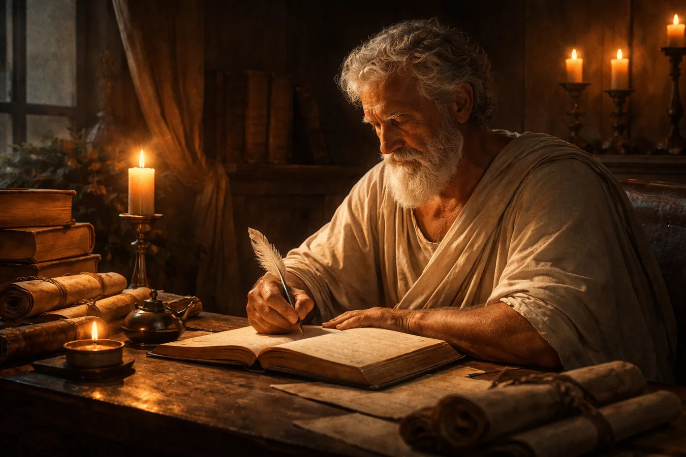 Antiker stoischer Philosoph schreibt bei Kerzenlicht