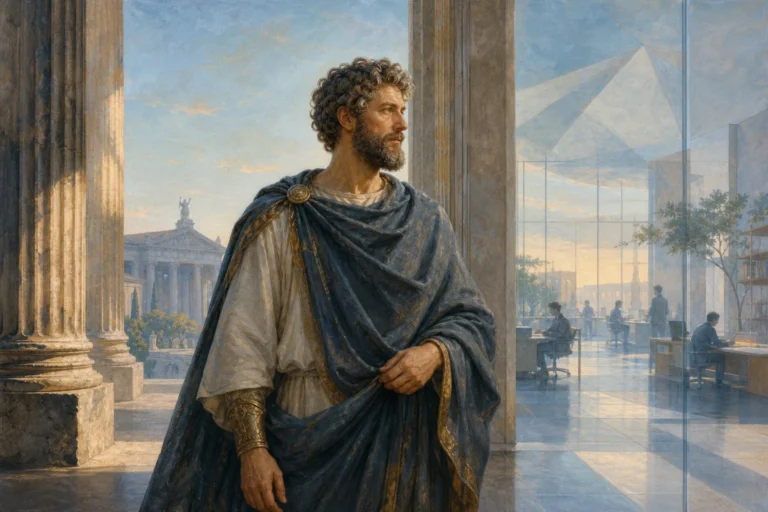 Marcus Aurelius between Roman architecture and the modern world of work in the pastel blue morning light