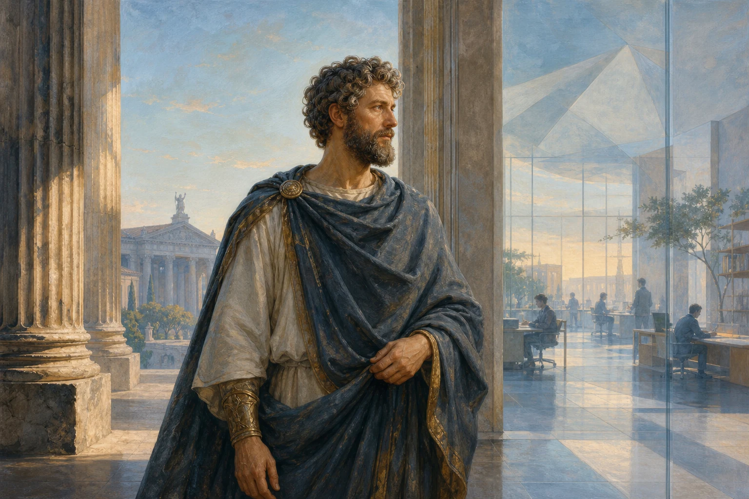 Marcus Aurelius between Roman architecture and the modern world of work in the pastel blue morning light