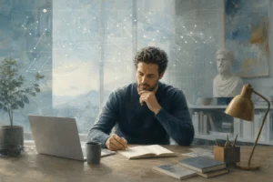 trabajador del conocimiento reflexivo en el escritorio frente a patrones abstractos de inteligencia artificial