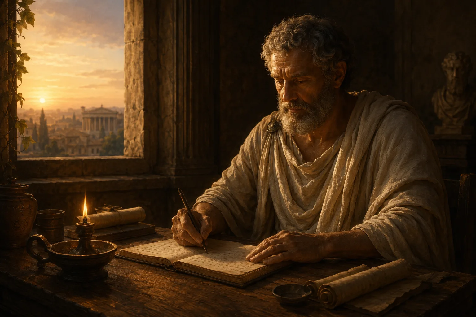 Philosophe stoïcien de l'Antiquité écrivant à la lueur d'une bougie, pratiquant la prosochē, l'attention continue portée à ses réactions intérieures