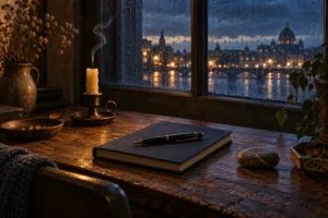 Un carnet fermé, un stylo-plume et une bougie éteinte reposent près d’une fenêtre couverte de pluie