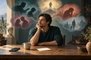 Un homme pensif distingue les faits concrets sur la table des scénarios qu’il imagine