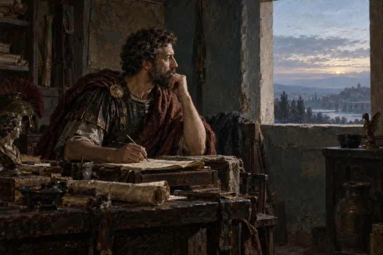 Marcus Aurelius pauses at his writing desk and looks toward the calm dawn outside