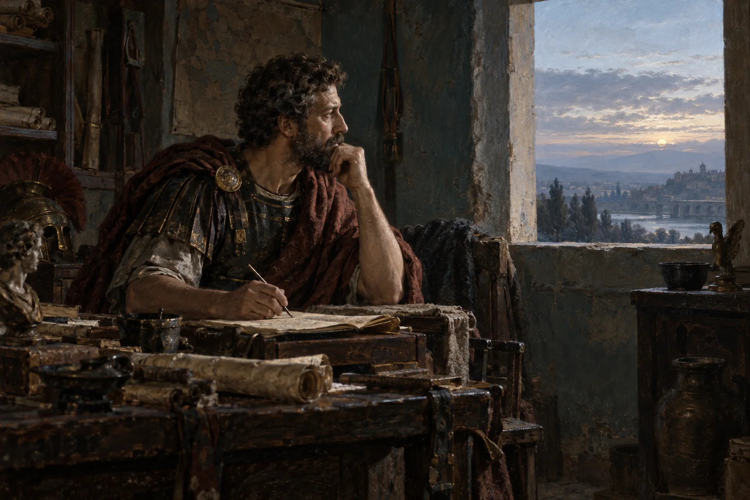 Marcus Aurelius pauses at his writing desk and looks toward the calm dawn outside