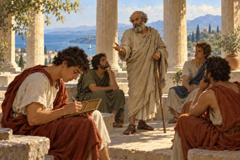 Epictetus, leaning on a walking stick, teaches students in a colonnade by the sea while one of them takes notes on a wax tablet