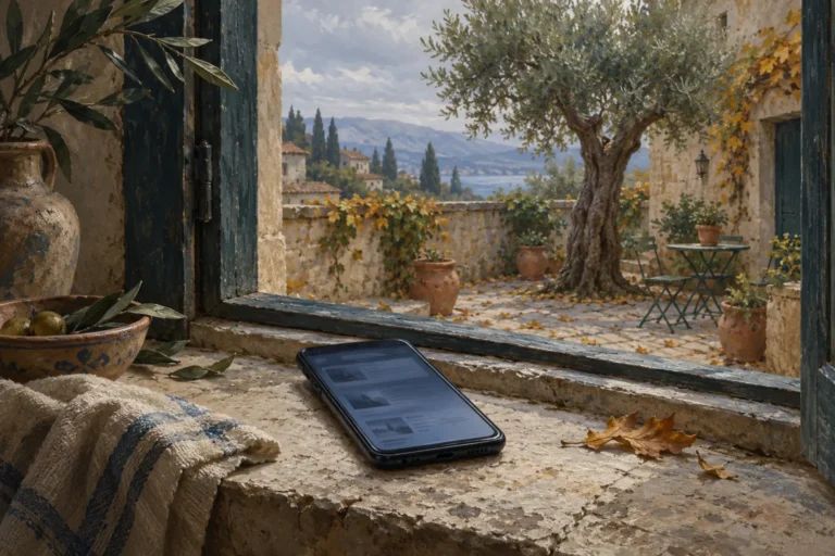A smartphone on a stone windowsill overlooking a quiet Mediterranean courtyard