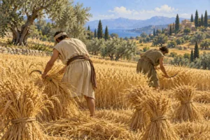 Grano maturo mietuto a mano in un campo dorato