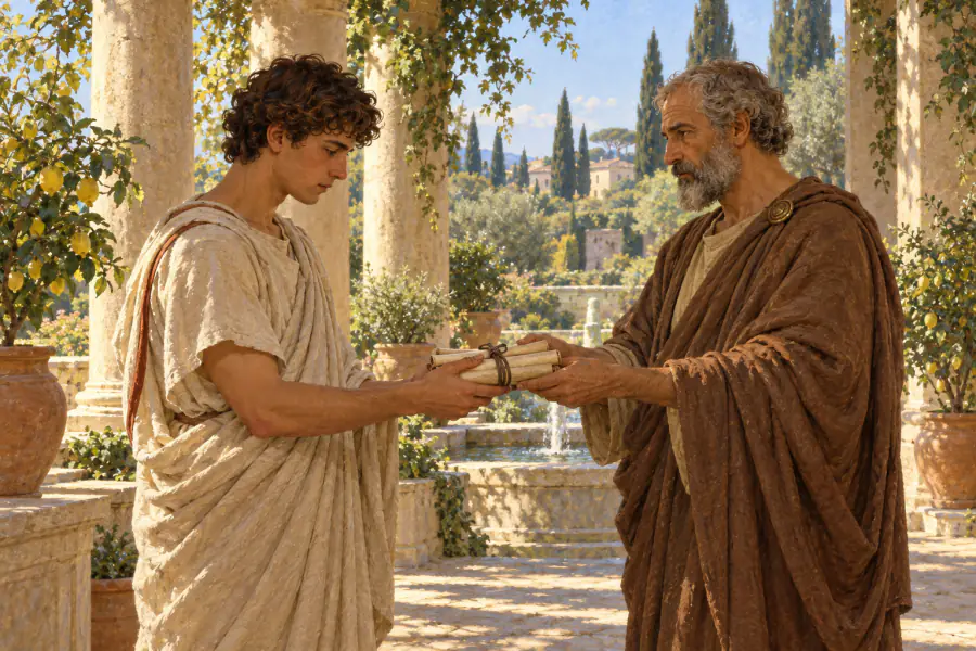 Una scena immaginata: Rustico consegna al giovane Marco Aurelio un fascio di rotoli sotto un portico