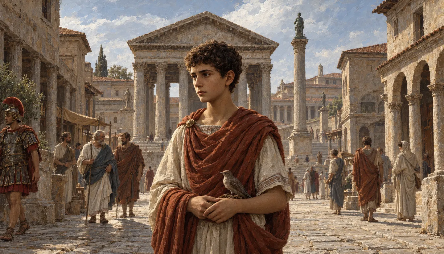 Young Marcus Aurelius holding a small bird in the Roman Forum, with a temple and citizens behind him; painterly historical illustration.
